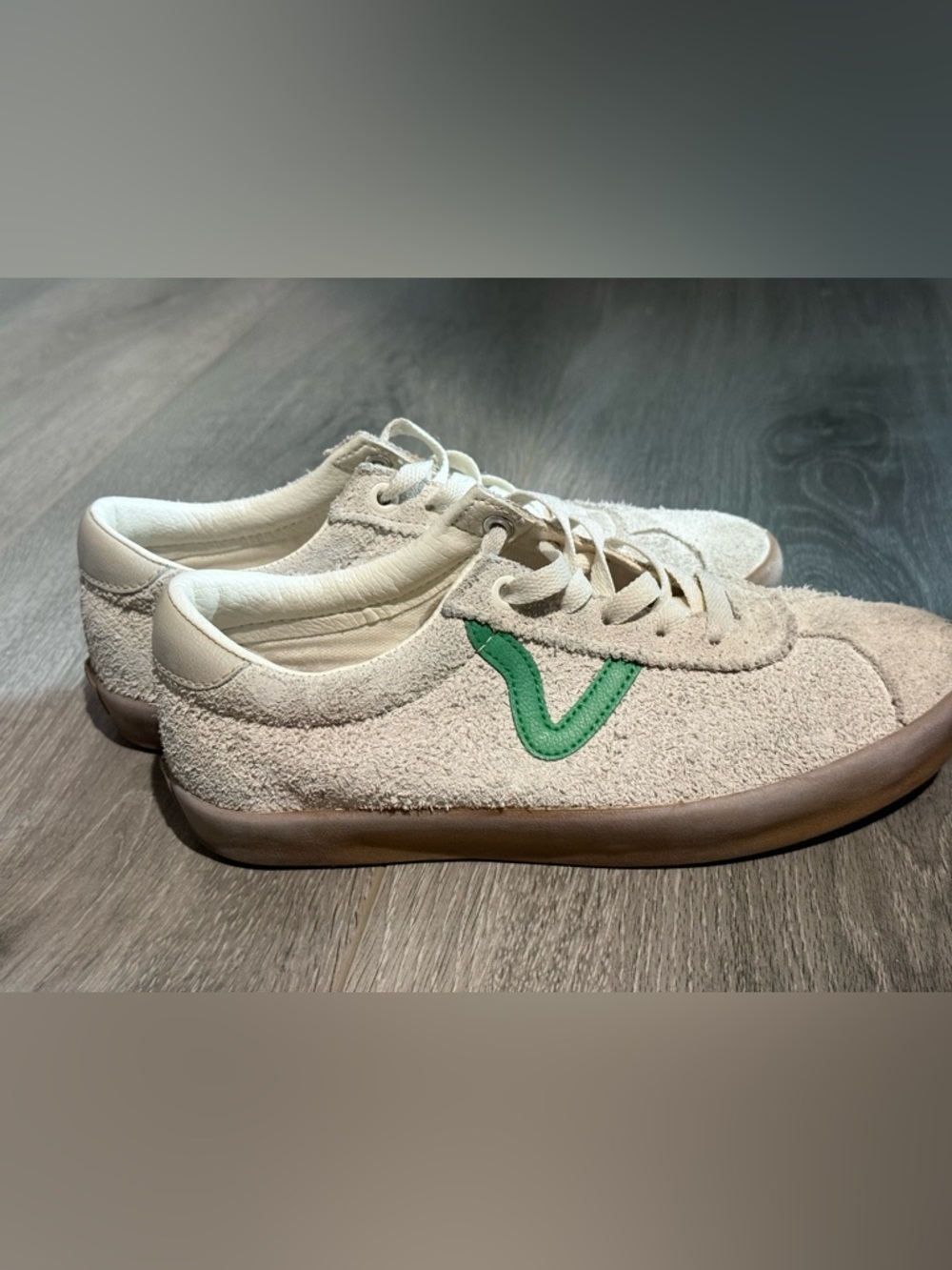 Vans Beige Suede Sneakers with Green Side Stripe